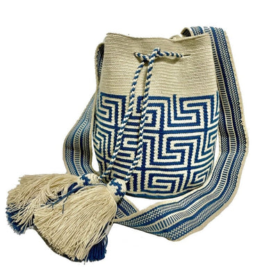 Blue Crochet Bag with Tribal Patterns | Crossbody Bohemian Bag | Large Bucket Bag