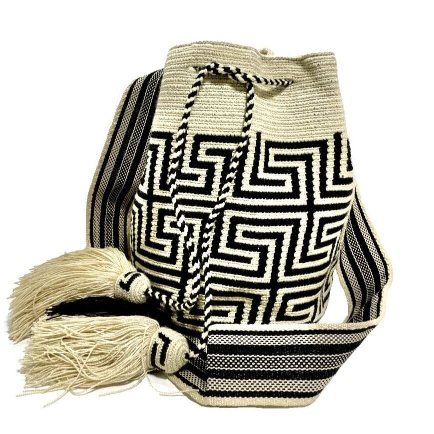 Black Crochet Bag with Tribal Patterns | Crossbody Bohemian Bag | Large Bucket Bag