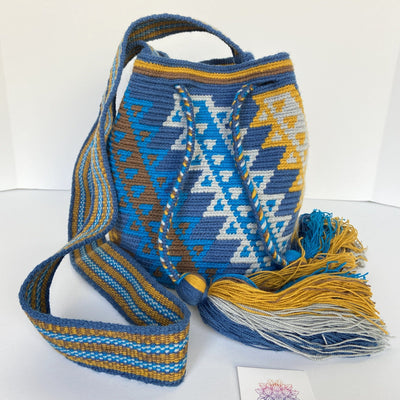 Blue-mustard MEDIUM Crochet Bags | Blue Boho Bags | Crossbody Bohemian Bags