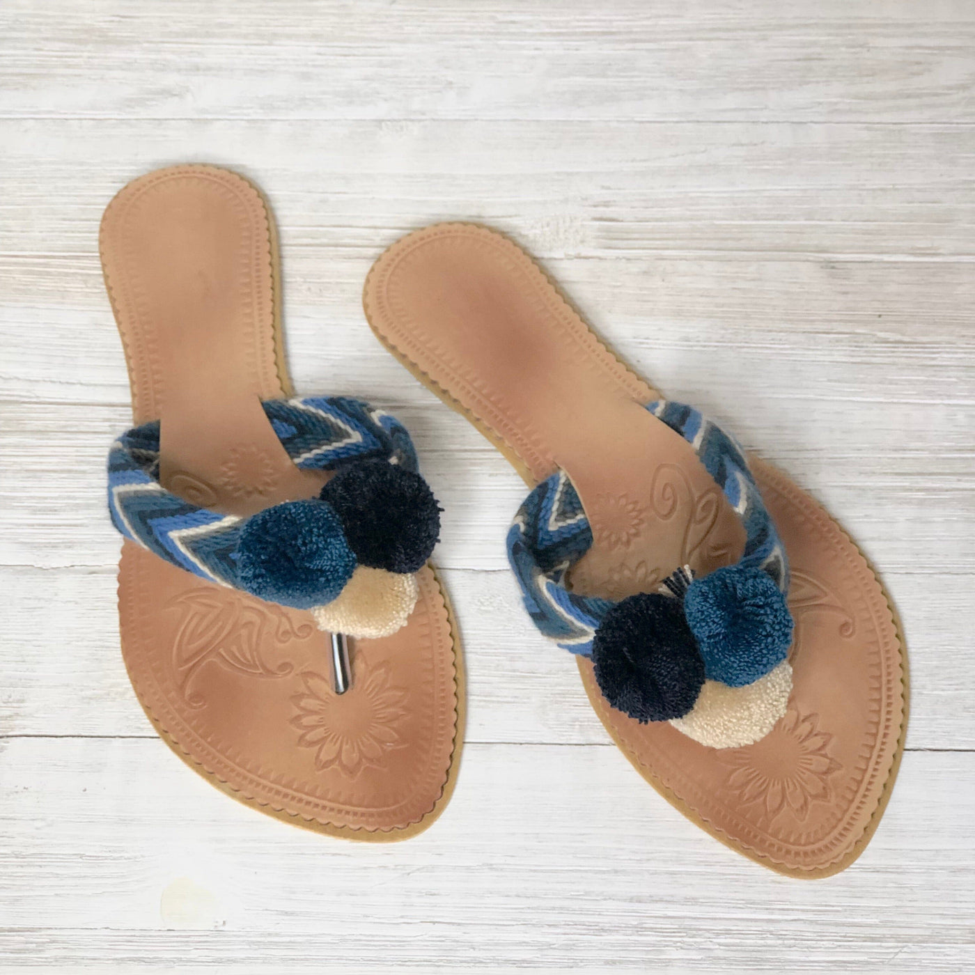 Colorful Pompom Sandals-Summer Flip Flops-Blue Flats-Cute Beach Slides