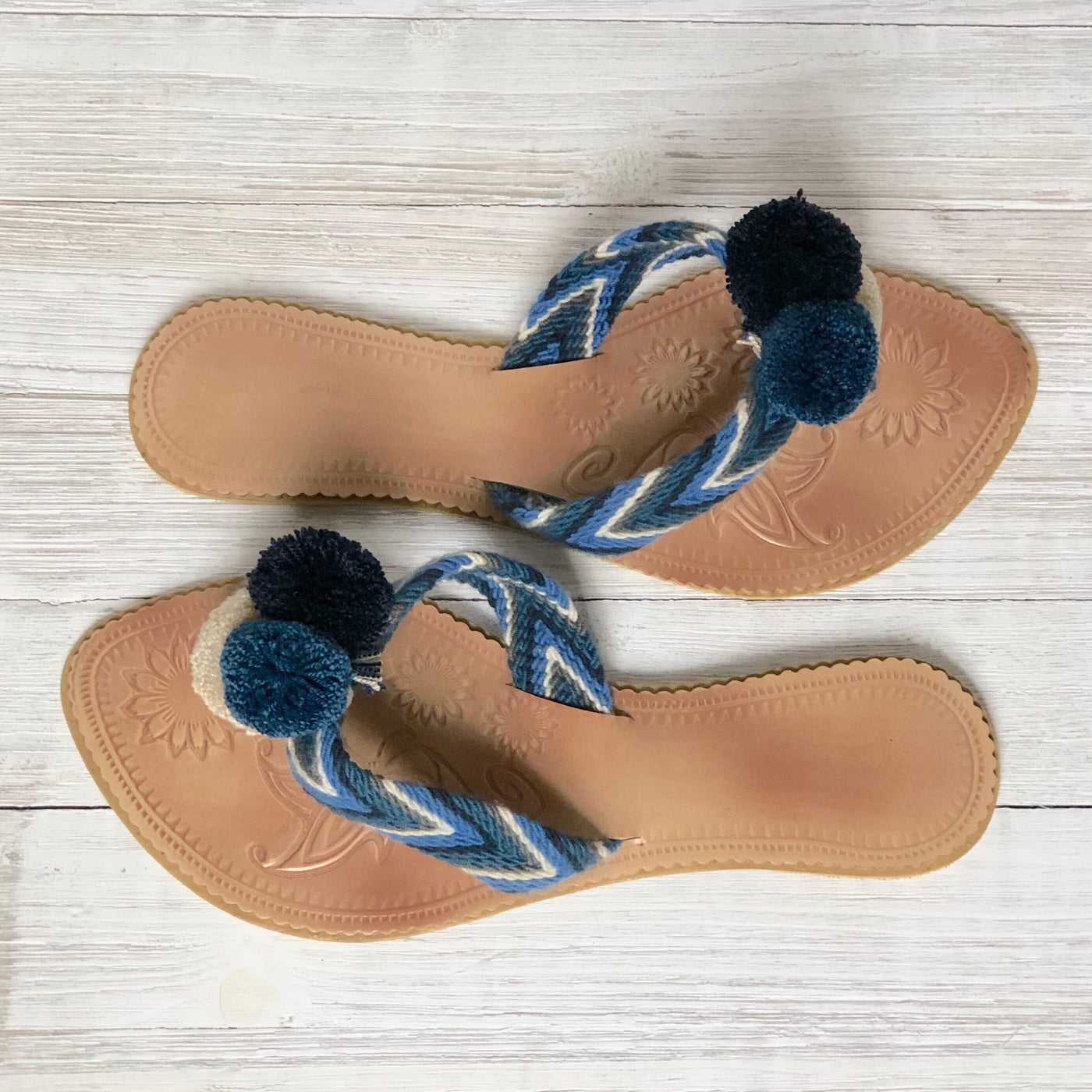 Colorful Pompom Sandals-Summer Flip Flops-Blue Flats-Cute Beach Slides