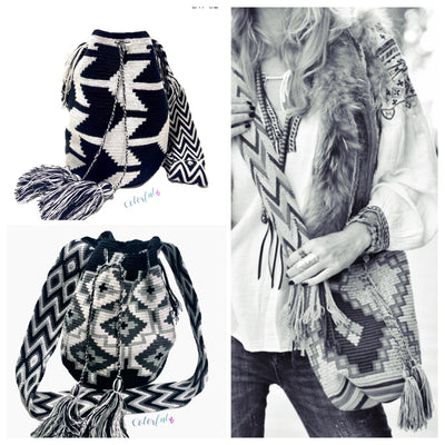 Wearing Greek Pattern Black and White Casual Bag | Crossbody Boho bag | Bohemian Purse | Colorful 4U