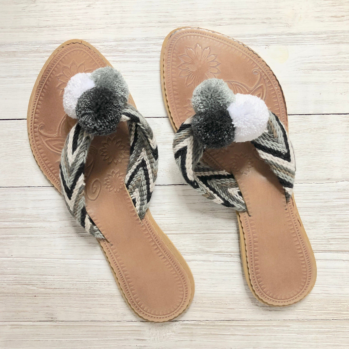 Black & White Pom Pom Sandals-Summer Flip Flops-Beach Slides-Flat Sandals