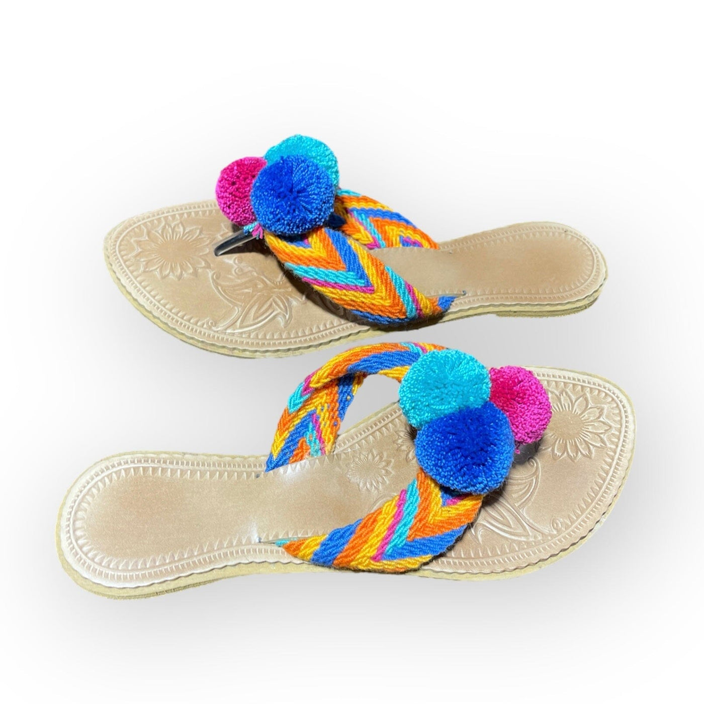 Blue Caribbean Sunset Flip-Flops | Summer Pom Pom Sandals Summer Sandals US 7 