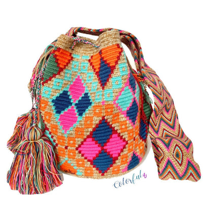 Blue/ Orange  Boho Beach Bag for Summer | Crochet Wayuu Bag Style | Colorful 4U