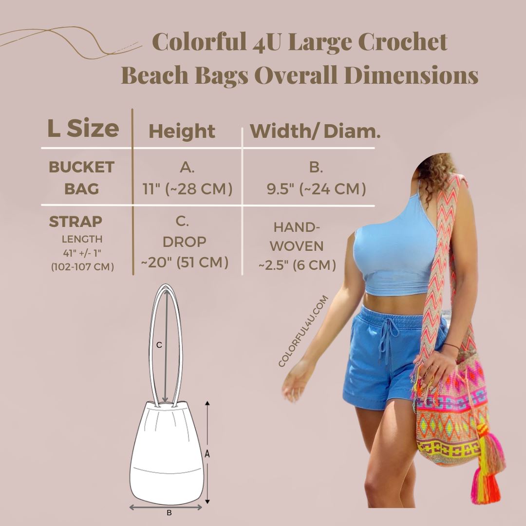 Dimension Chart  Boho Beach Bag for Summer | Large Crochet Wayuu Bag Style | Colorful 4U