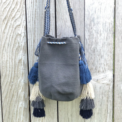 Dark Gray and Blue Colorful Bohemian Handbag with Tassels | Crossbody Bucket Crochet Bag