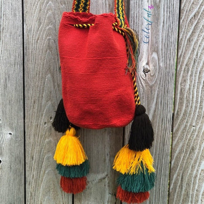 Rust Colorful Bohemian Handbag with Tassels | Crossbody Bucket Crochet Bag