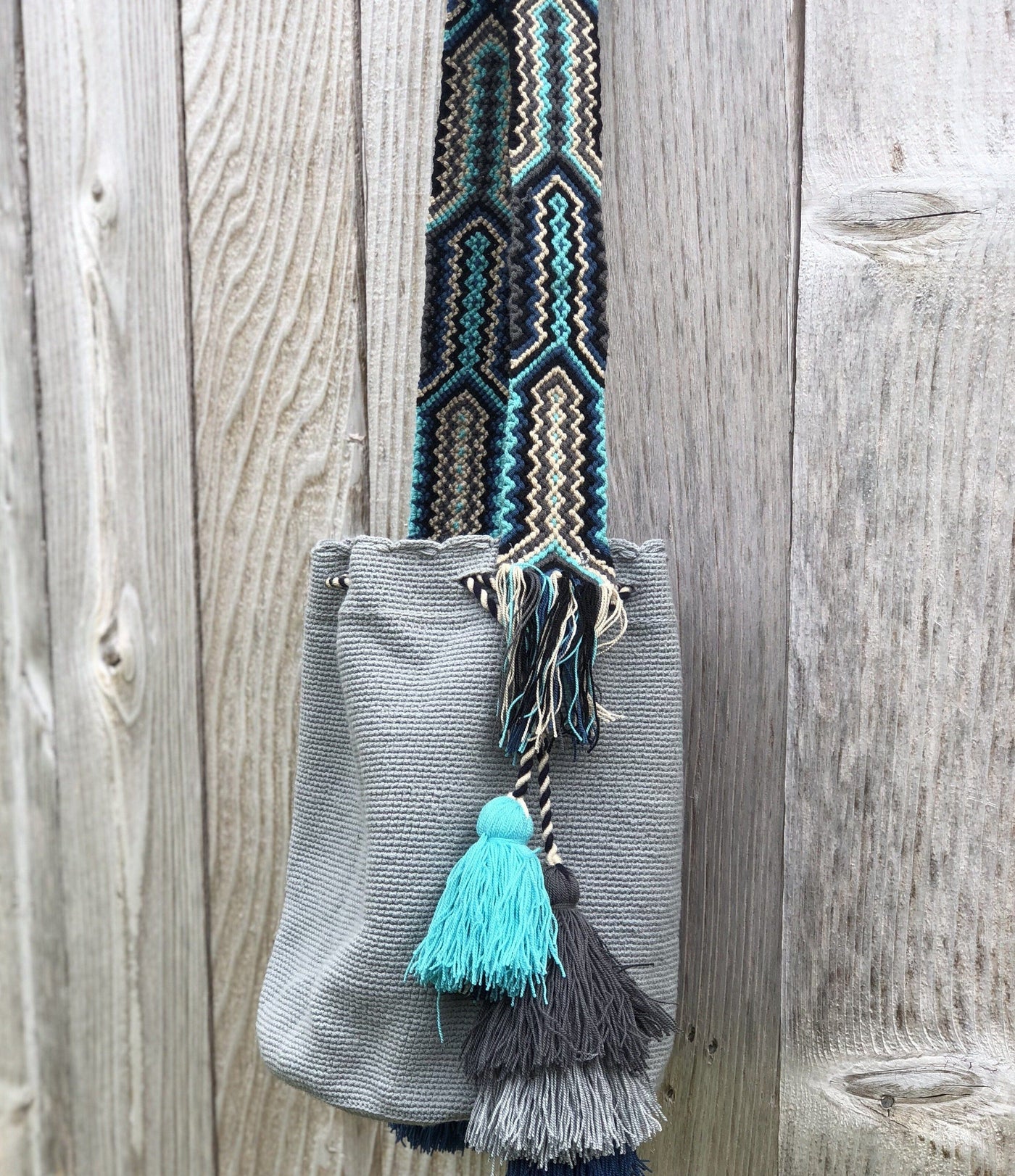 Gray Macrame Strap Colorful Bohemian Handbag with Tassels | Crossbody Bucket Crochet Bag