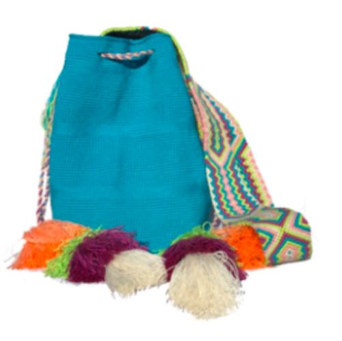 Light Blue Colorful Bohemian Handbag with Tassels | Crossbody Bucket Crochet Bag