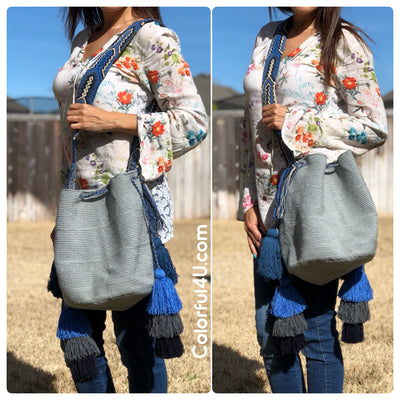 Bohemian Bags with Multi-Tassels and Macrame Strap Crochet Boho Bag with Tassels - Crossbody Bucket Bag 