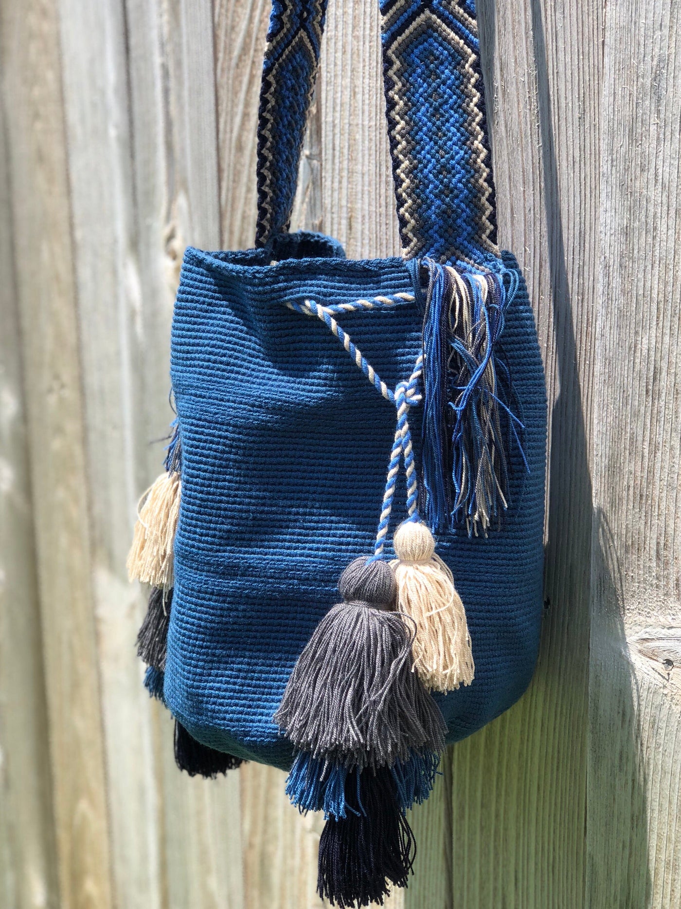 Navy Blue Colorful Bohemian Handbag with Tassels | Crossbody Bucket Crochet Bag