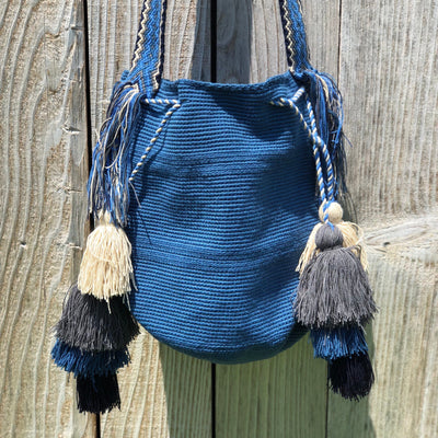 Navy Colorful Bohemian Handbag with Tassels | Crossbody Bucket Crochet Bag Azula