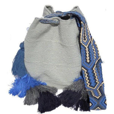 Light Gray and Navy Blue Colorful Bohemian Handbag with Tassels | Crossbody Bucket Crochet Bag and Macrame Strap
