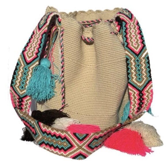 Beige Colorful Bohemian Handbag with Tassels | Crossbody Bucket Crochet Bag