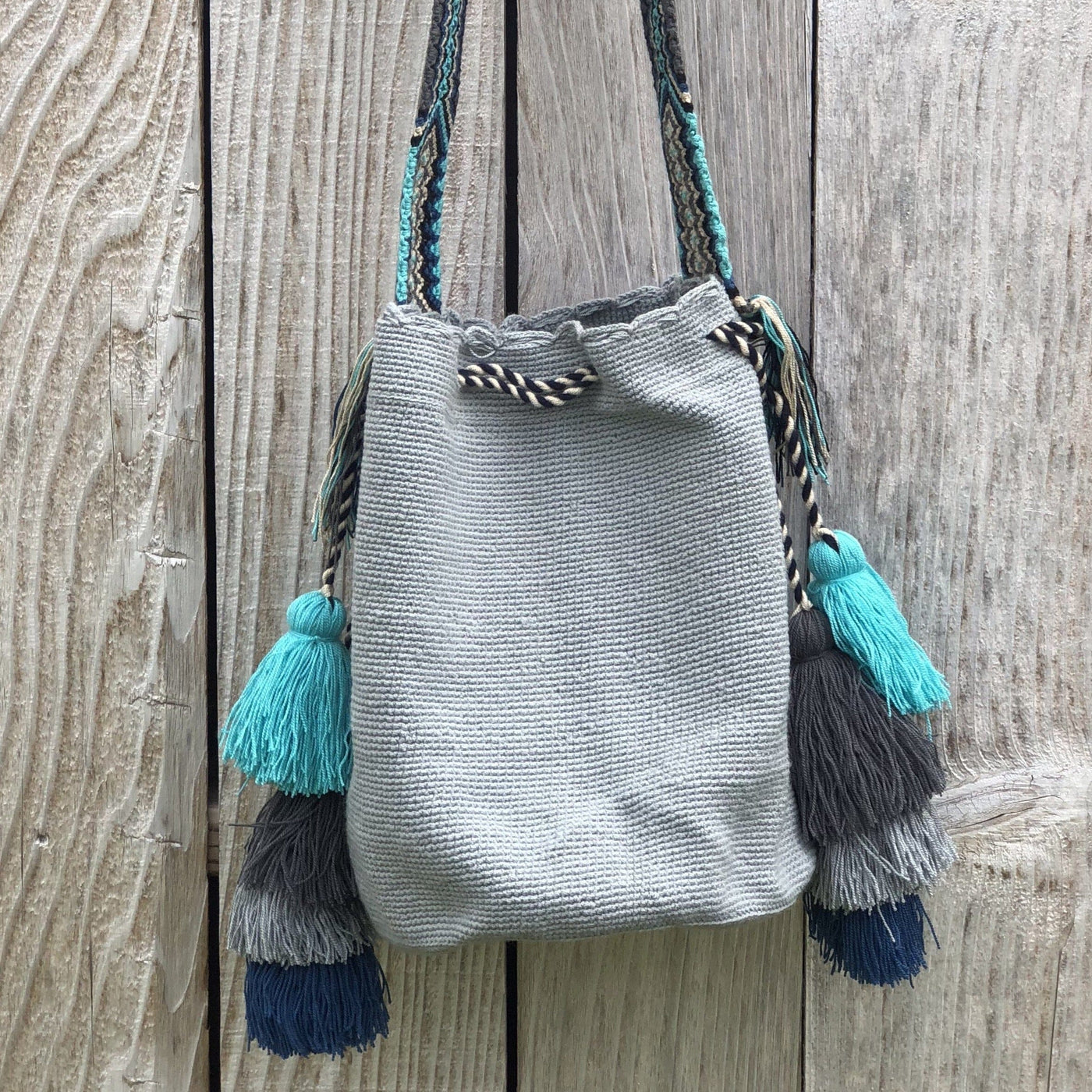 Light Gray Colorful Bohemian Handbag with Tassels | Crossbody Bucket Crochet Bag