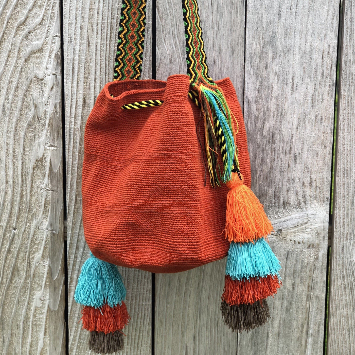Orange Colorful Bohemian Handbag with Tassels | Crossbody Bucket Crochet Bag