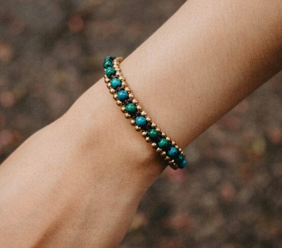 Wearing Turquoise Chrysocolla Stone Gold Beaded Bracelet | Bohemian Bracelet | Boho Bracelet | Cute Gift | Colorful 4U