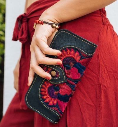 Holding Red Leather Wallet | Embroidered Wallet for women
