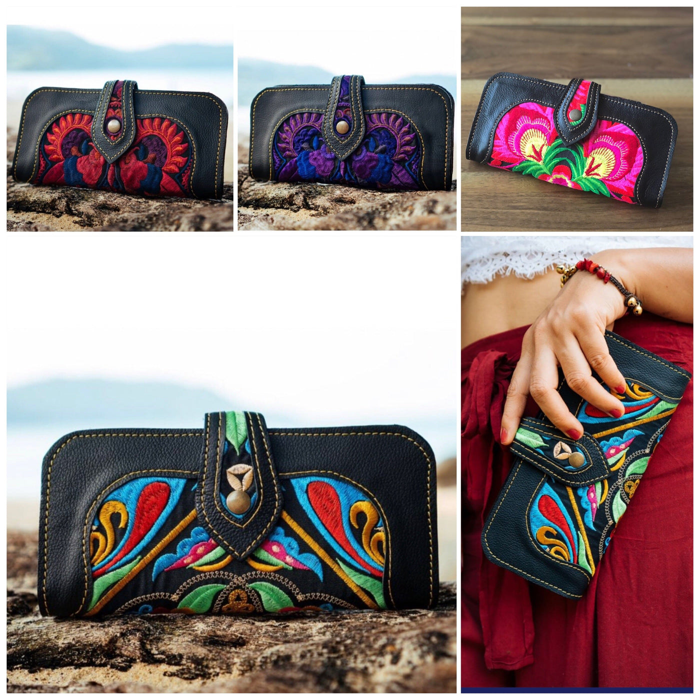 Bohemian Embroidered Wallet - Handmade Leather Wallet Embroidered Bag 