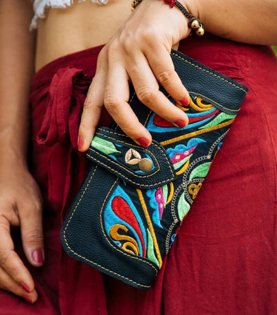Wearing a Colorful Leather Wallet | Embroidered Wallet for women