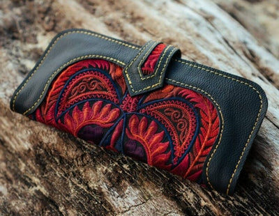Back Red Leather Wallet | Embroidered Wallet for women