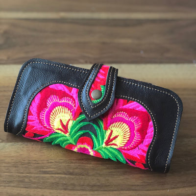 Bohemian Embroidered Wallet - Handmade Leather Wallet Embroidered Bag Hot Pink Flowers 