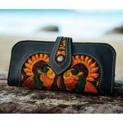 Orange Leather Wallet | Embroidered Wallet for women