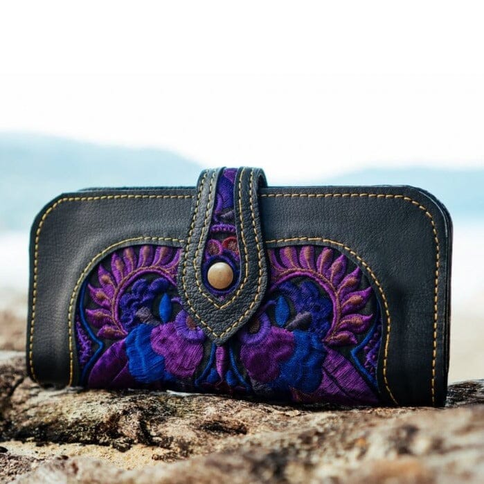 Bohemian Embroidered Wallet - Handmade Leather Wallet Embroidered Bag Purple Birds 