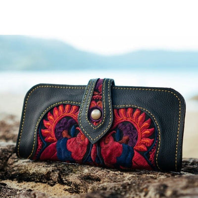 Red Leather Wallet | Embroidered Bohemian Wallet for women