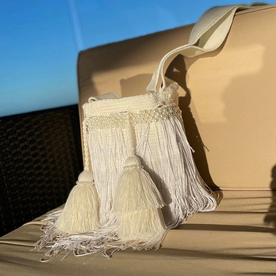 Bohemian Long Fringes Handbag | Tassel Crossbody Bag Medium-Crossbody Crochet Boho Bag - Traditional Wayuu Design 
