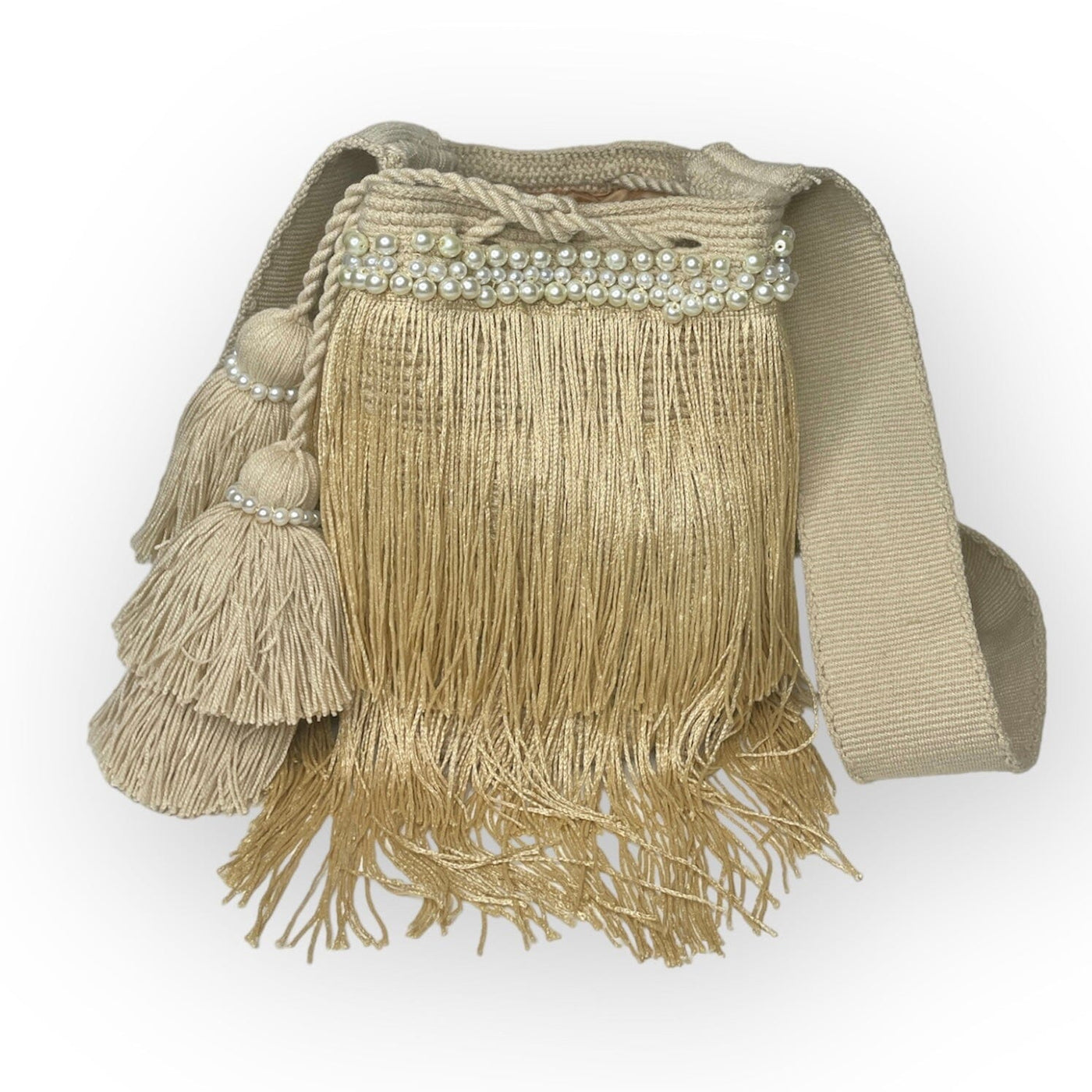 Bohemian Long Fringes Handbag | Tassel Crossbody Bag Medium-Crossbody Crochet Boho Bag - Traditional Wayuu Design Gold Sand 