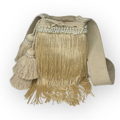 Bohemian Long Fringes Handbag | Tassel Crossbody Bag Medium-Crossbody Crochet Boho Bag - Traditional Wayuu Design Gold Sand 