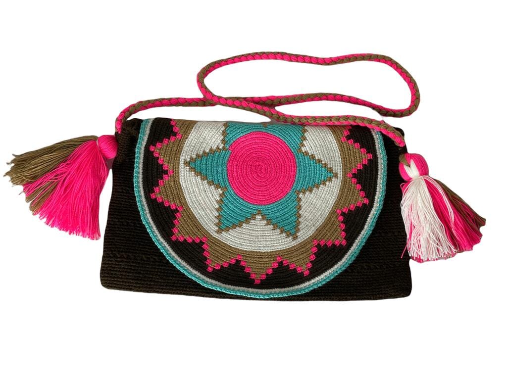 Dark Brown - Pink -teal Crossbody Bohemian Bag | Women's Crossbody Handbag | Crochet Envelope