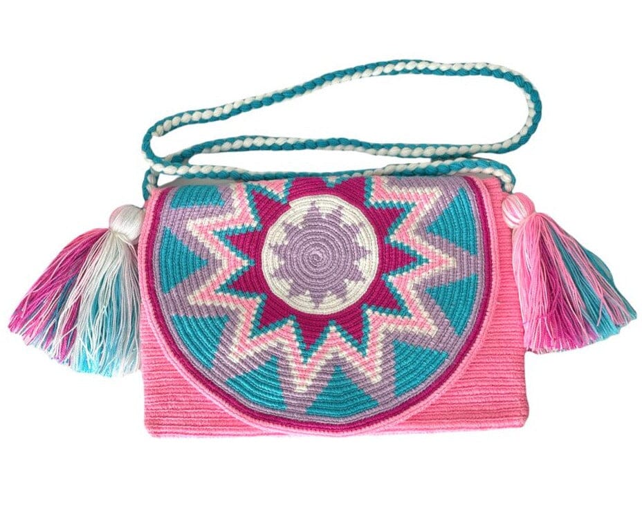 Pink-Teal Crossbody Bohemian Bag | Women's Crossbody Handbag | Crochet Envelope