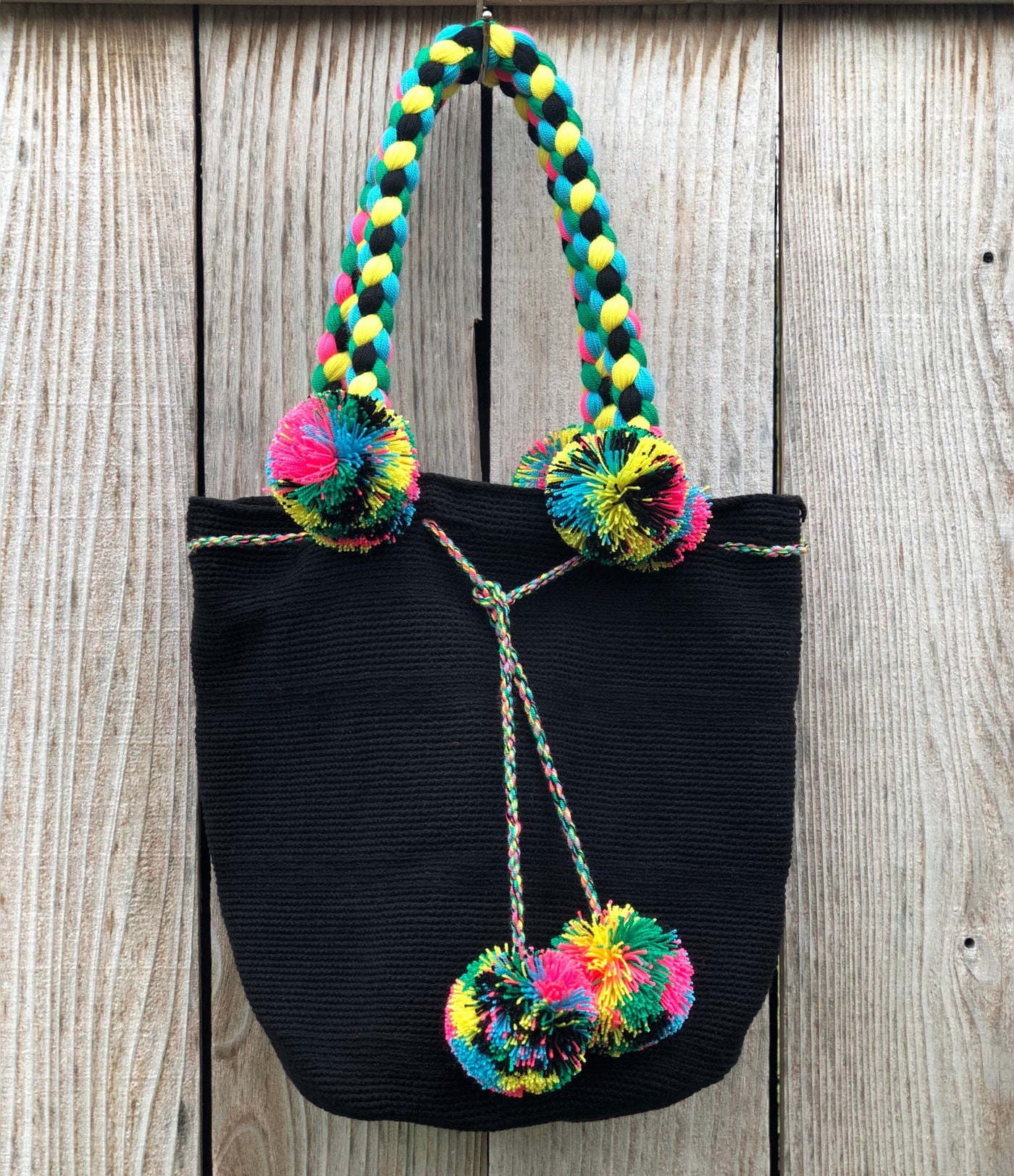 black Braided Handle Boho Bag -Crochet Pompom Handbag - Bohemian Bag -Wayuu