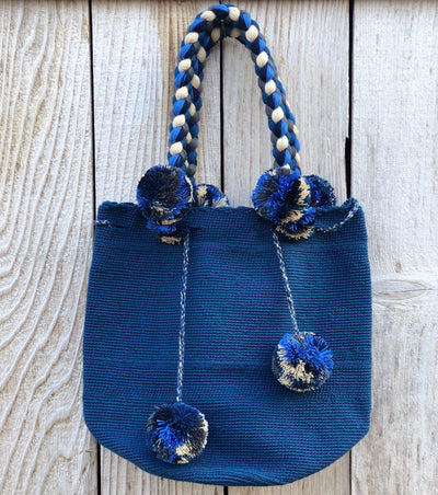 NAVY Braided Handle Boho Bag -Crochet Pompom Handbag - Bohemian Bag -Wayuu