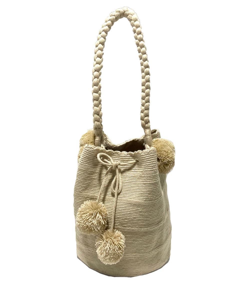Boho Chic Handbags with Pompoms Solid Color Crochet Boho Bag with Braided Handles - Bucket Handbag 