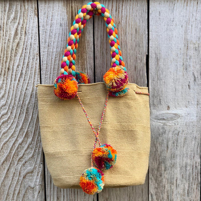 BEIGE Braided Handle Boho Bag -Crochet Pompom Handbag - Bohemian Bag -Wayuu