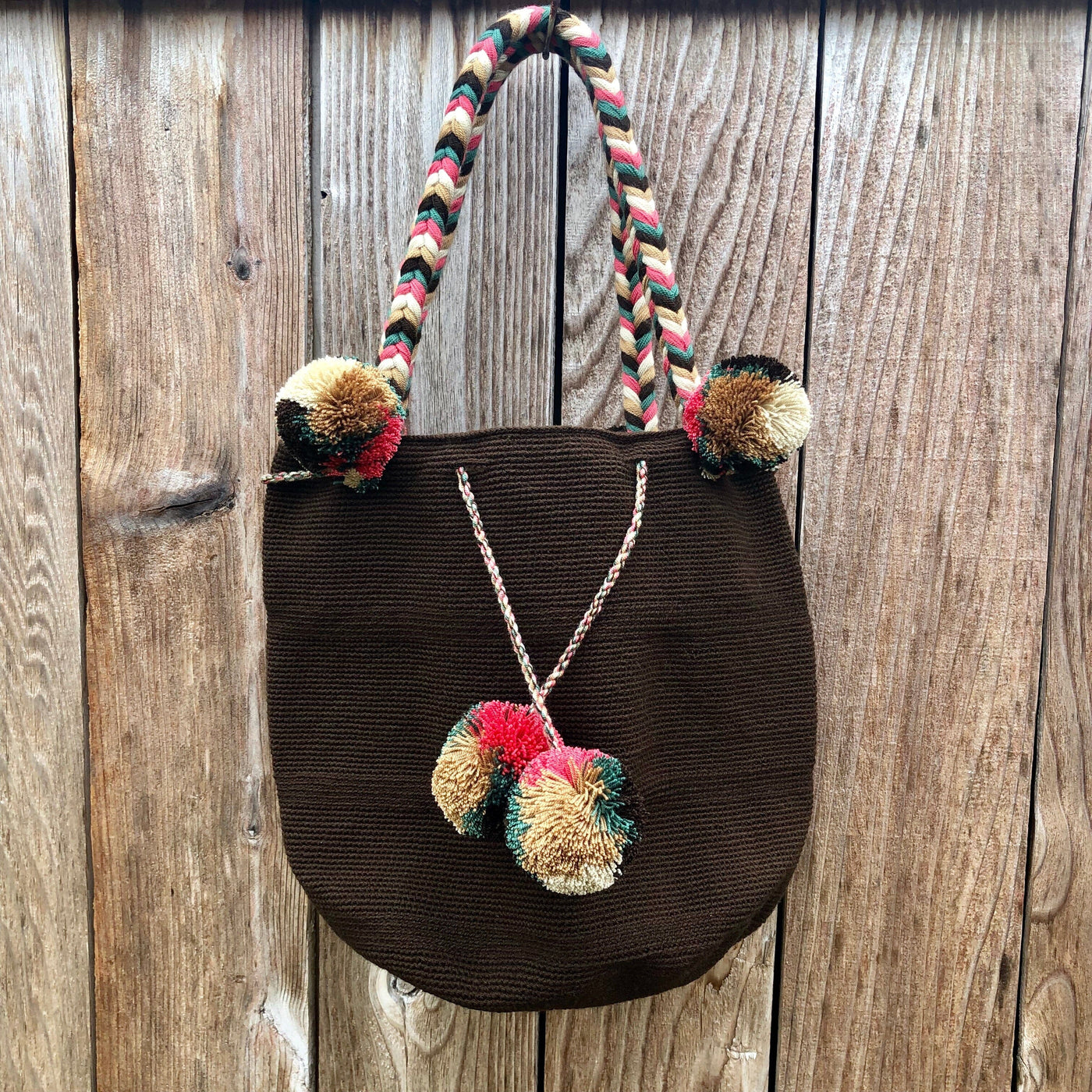 Brown  Boho Chic Handbag with Pompoms | Bohemian Crochet Purse | Colorful4U
