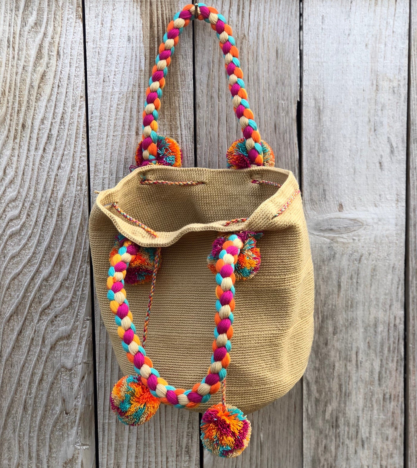 Braided Handle Boho Bag -Crochet Pompom Handbag - Bohemian Bag -Wayuu