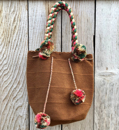 CAMEL Braided Handle Boho Bag -Crochet Pompom Handbag - Bohemian Bag -Wayuu