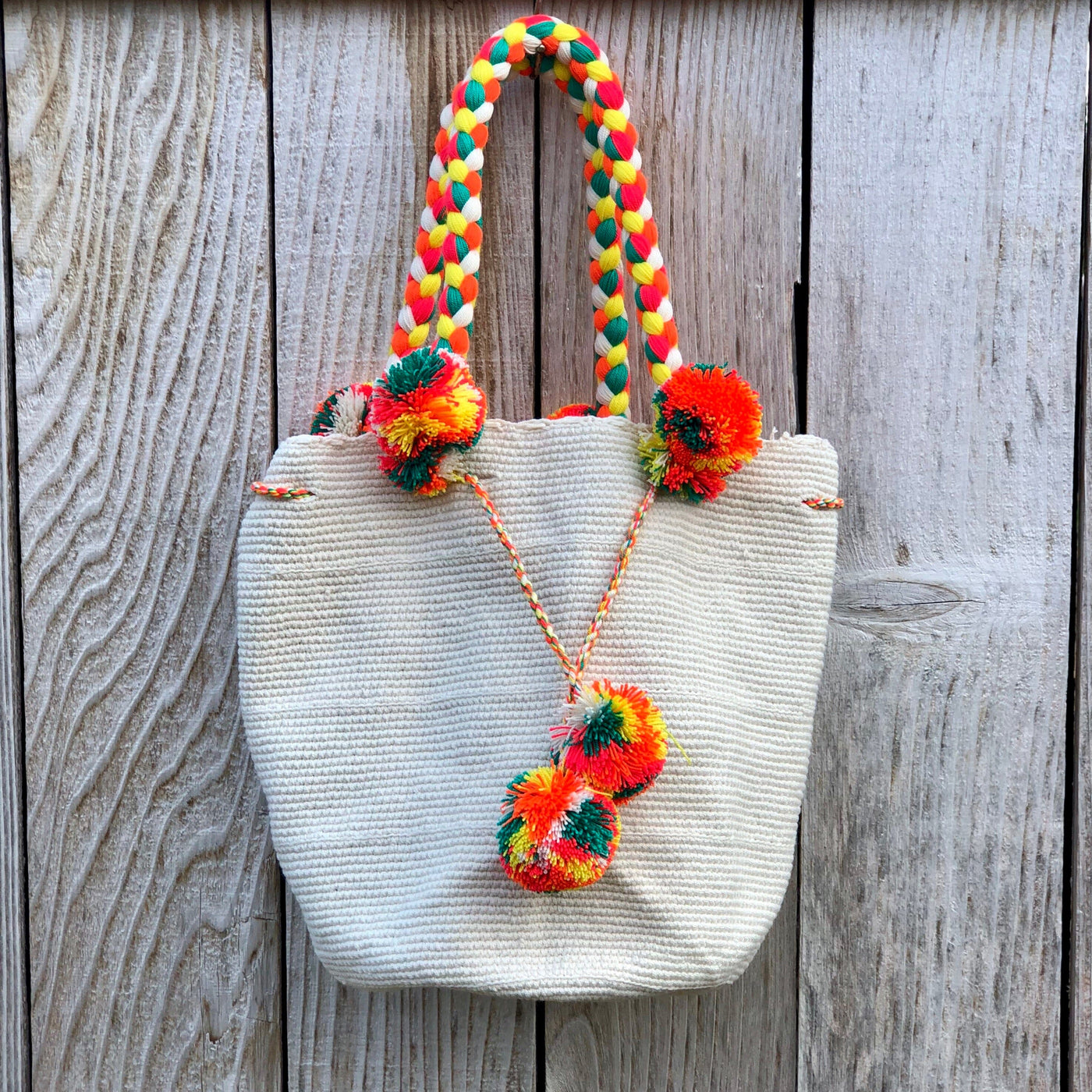 White-summer Boho Chic Handbag with Pompoms | Bohemian Crochet Purse | Colorful4U