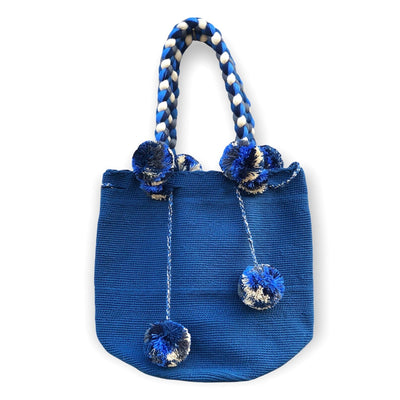 Boho Chic Handbags with Pompoms Solid Color Crochet Boho Bag with Braided Handles - Bucket Handbag Azula Navy Blue MWTU-AZ1