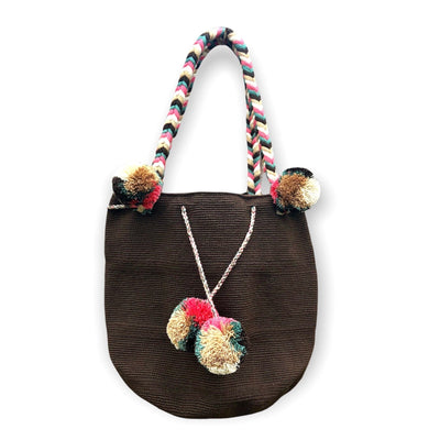 Boho Chic Handbags with Pompoms Solid Color Crochet Boho Bag with Braided Handles - Bucket Handbag Desert Dreams/Brown MWTU-DD-BR