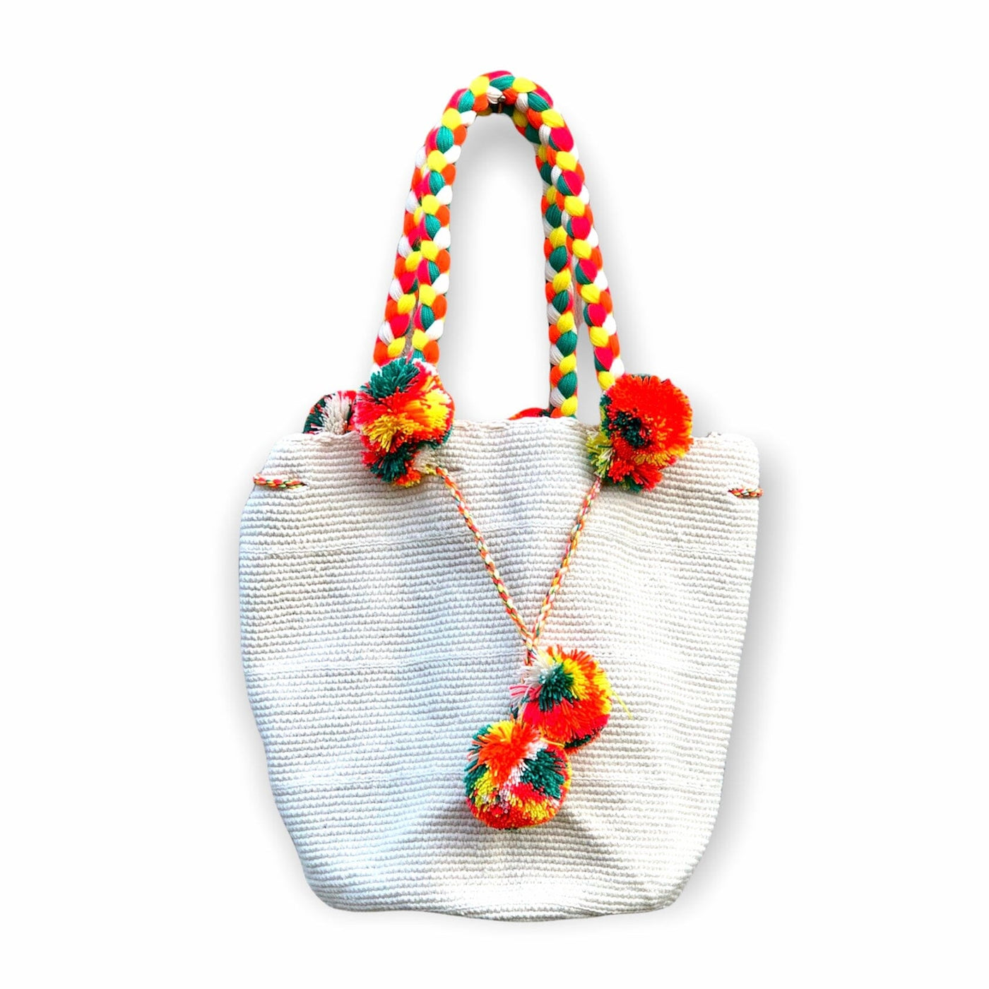 Boho Chic Handbags with Pompoms Solid Color Crochet Boho Bag with Braided Handles - Bucket Handbag Off-White /Orange MWTU01