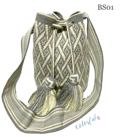 Gray-Cream Crossbody Crochet Bags | Bohemian Handbags | Neutral Boho Purse | Wayuu Bag by Colorful 4U