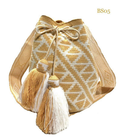 Gold Triangle Pattern Crossbody Crochet Bags | Bohemian Handbags | Neutral Boho Purse | Wayuu Bag by Colorful 4U