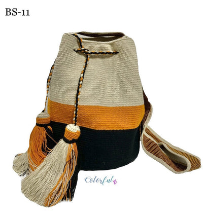 Mustard-Black Crossbody Crochet Bags | Bohemian Handbags | Neutral Boho Purse | Wayuu Bag by Colorful 4U