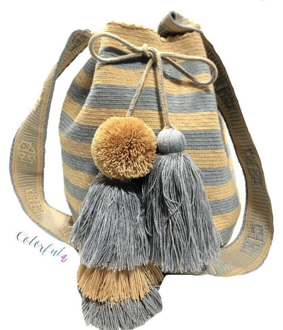 Gold-Gray Crossbody Crochet Bags-Bohemian Bags-Striped Bucket Bag-Neutral Tones
